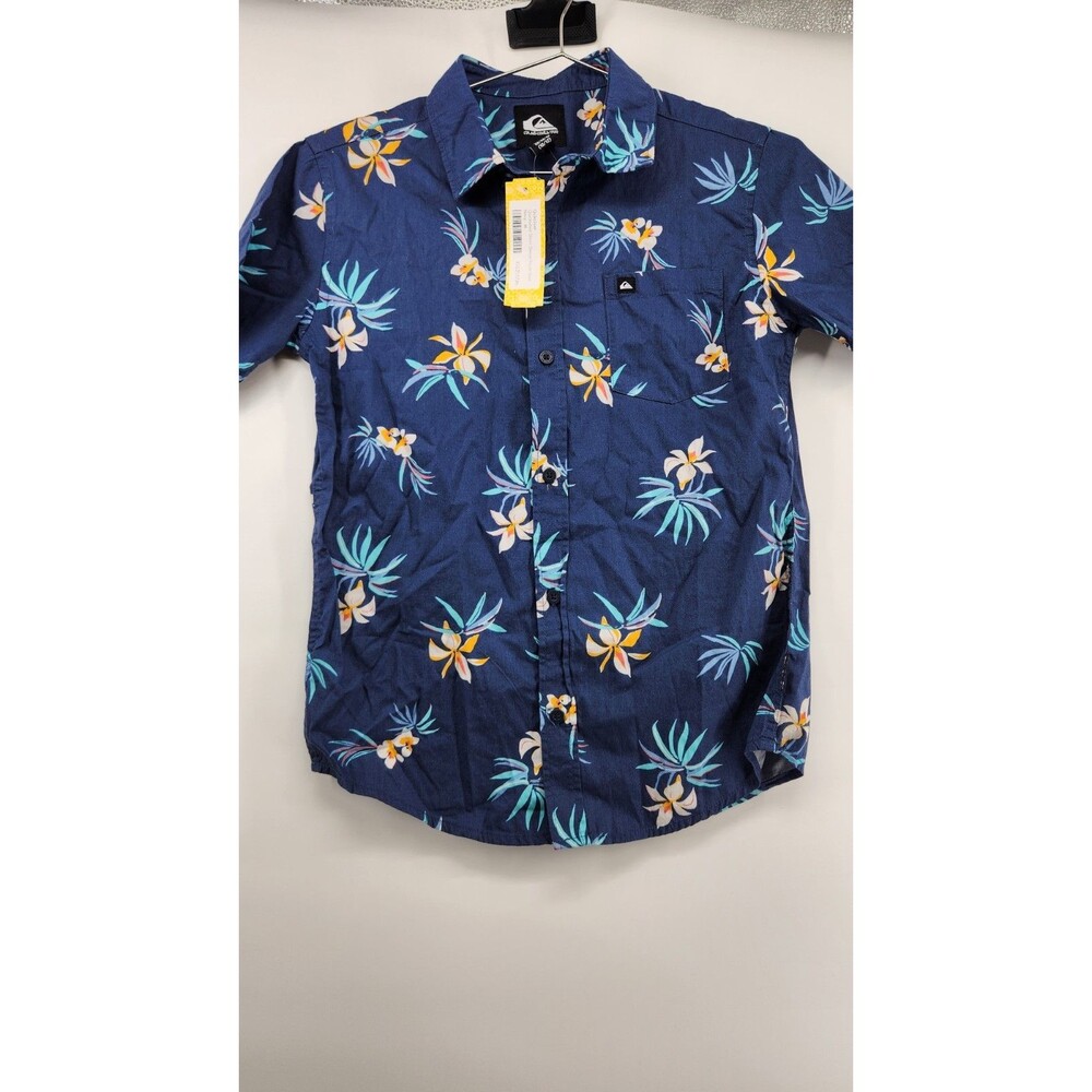 Quiksilver Boys Medium Navy‎ Blue Floral Short Sleeve Poplin Shirt NWT